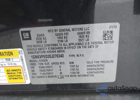 2014 Chevrolet Traverse Ls from USA, damaged, VIN 1GNKVFED2EJ276343